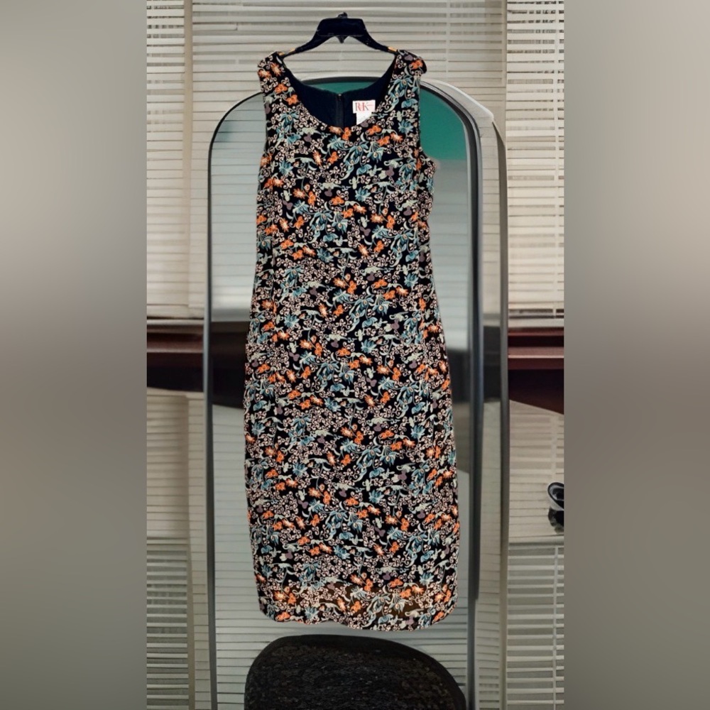 Vtg R&K Originals Women’s Floral Midi Sheath Dress in Black/Orange/Teal-14 - EUC